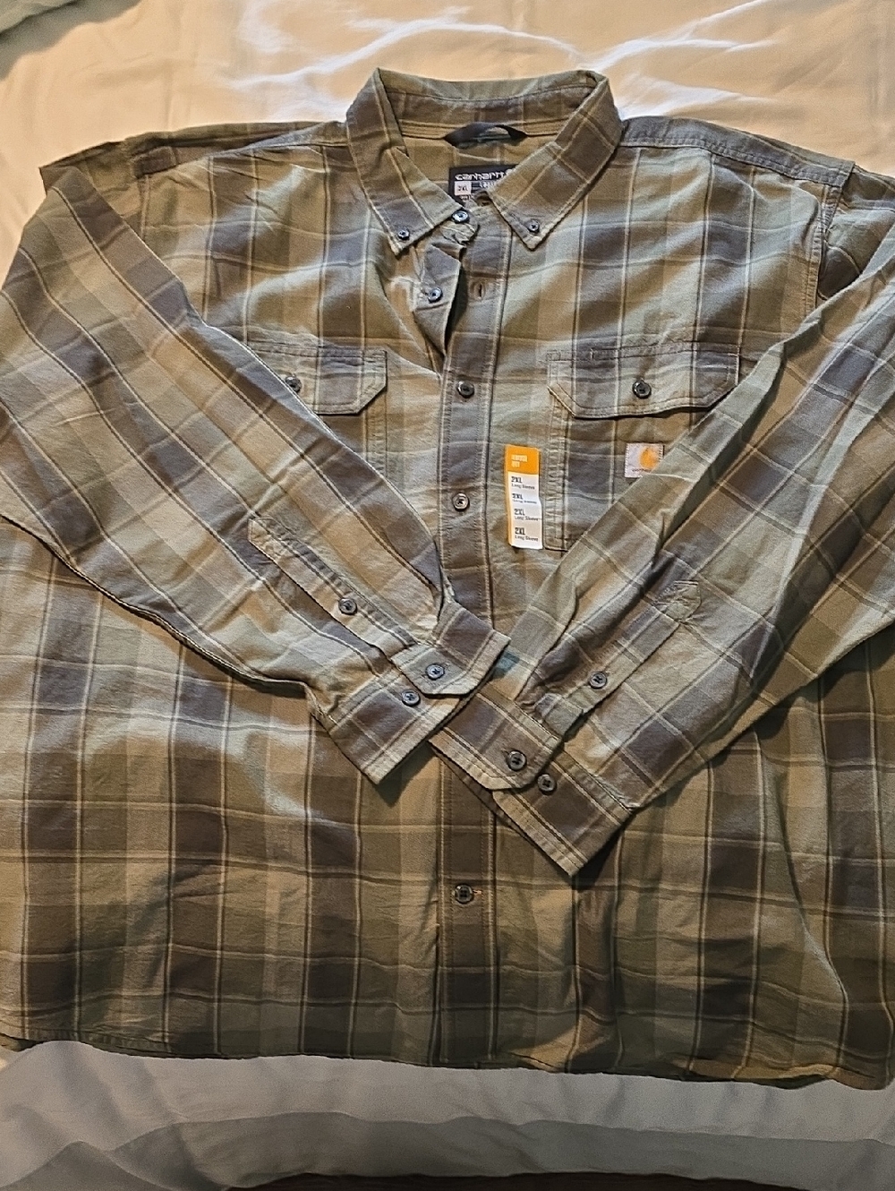 Carhartt Men's Olive and Tan Plaid Button-Down Work Shirt